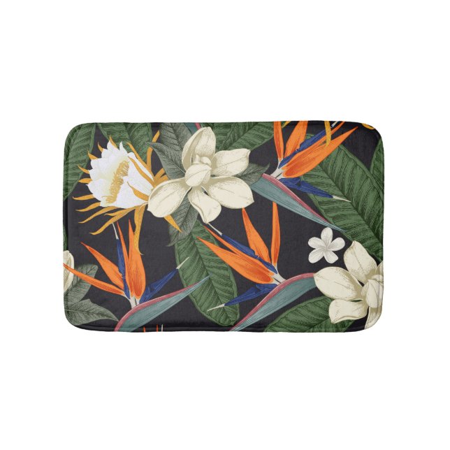 Tropical flowers, dark background, floral seamless bath mat (Front)