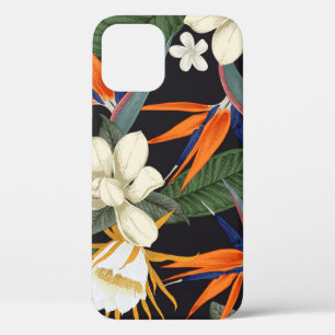 Tropical flowers, dark background, floral seamless iPhone 12 case