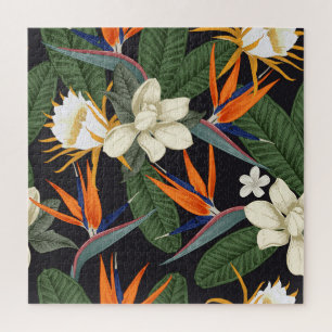Tropical flowers, dark background, floral seamless jigsaw puzzle