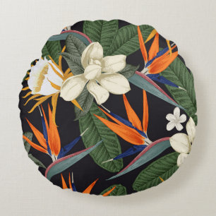 Tropical flowers, dark background, floral seamless round pillow