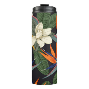 Tropical flowers, dark background, floral seamless thermal tumbler