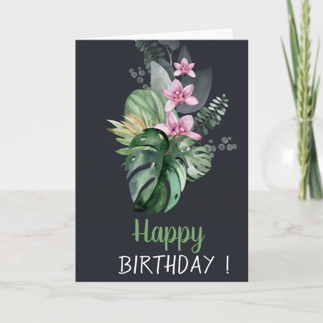 Tropical Flowers Dark Birthday Card (Front)