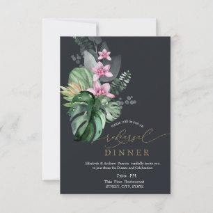 Tropical Flowers Dark Rehearsal Dinner Invitation