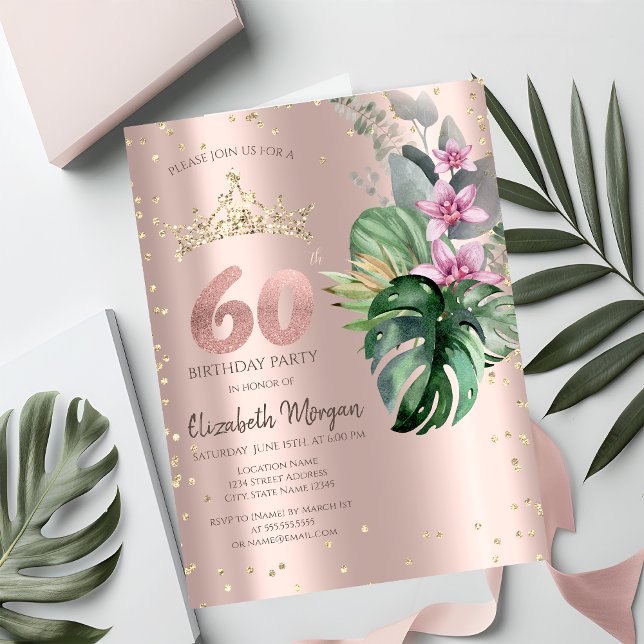 Tropical Flowers Diamonds Rose Gold 60th Birthday Invitation (Creator Uploaded)