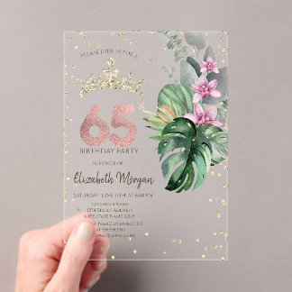 Tropical Flowers Diamonds Rose Gold 65th Birthday Acrylic Invitations