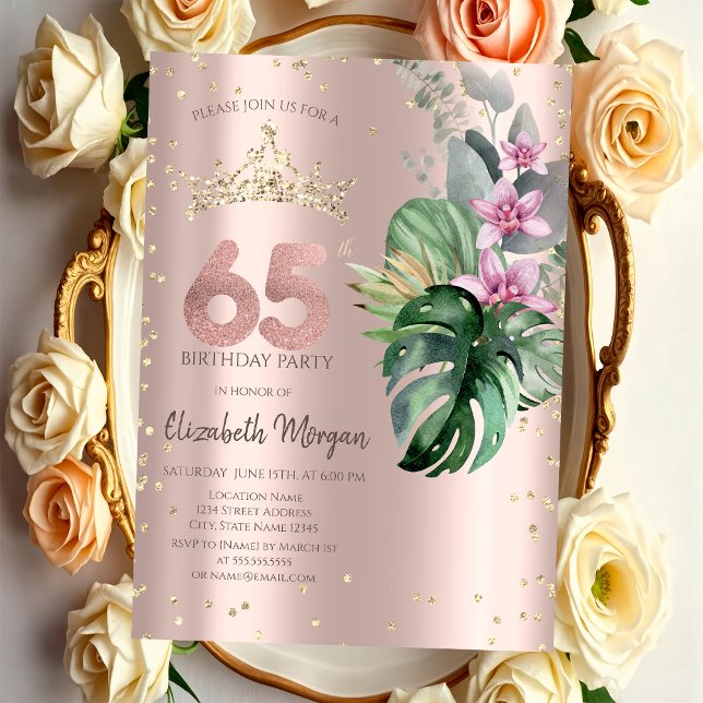 Tropical Flowers Diamonds Rose Gold 65th Birthday Invitation (Creator Uploaded)