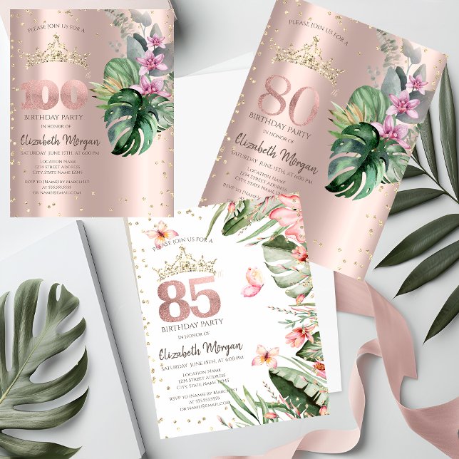 Tropical Flowers Diamonds Rose Gold 80th Birthday Invitation (Creator Uploaded)