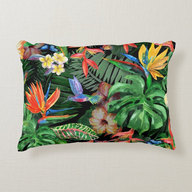 Tropical Flowers: Exotic Watercolor Pattern Accent Pillow (Front)
