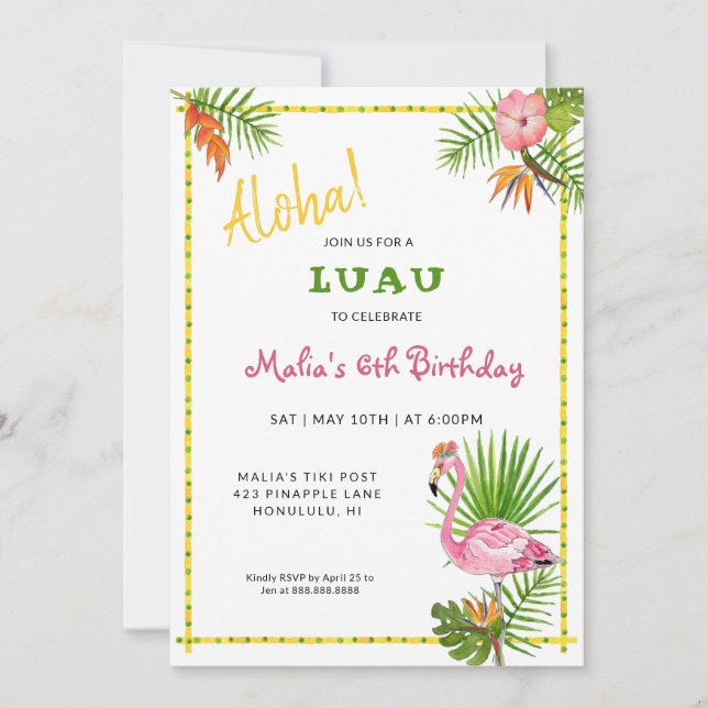 Tropical Flowers & Flamingo Birthday Luau  Invitation (Front)