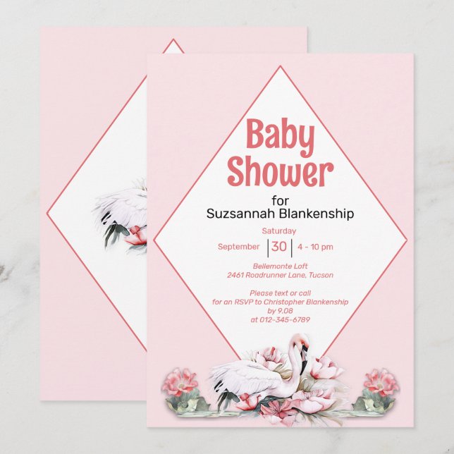 Tropical Flowers & Flamingo Custom Baby Shower Invitation (Front/Back)