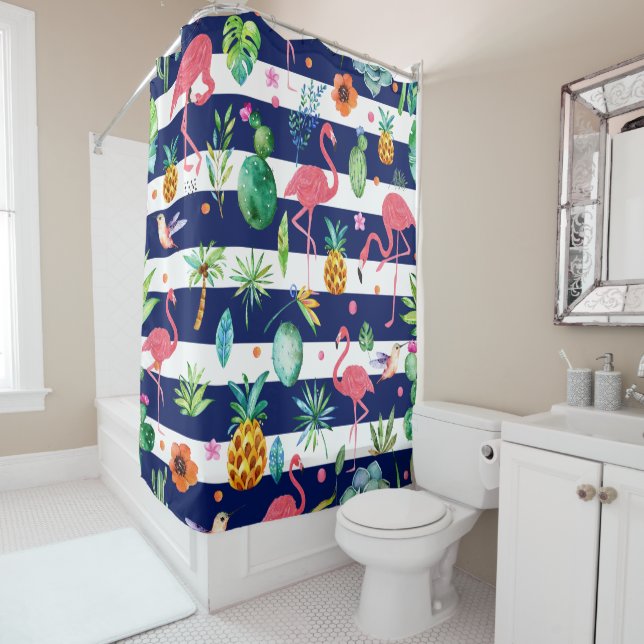 Tropical Flowers & Flamingos Blue & White Stripes (In Situ)