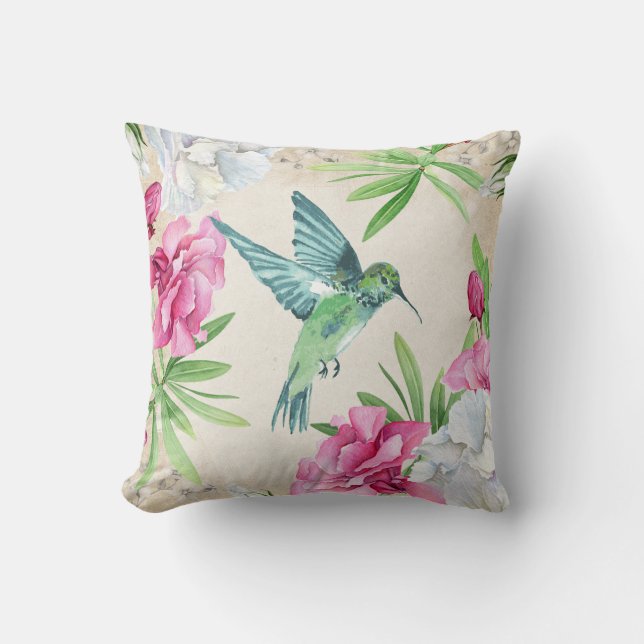 Tropical Flowers Flying Hummingbird Throw Pillow (Front)