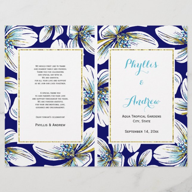 Tropical flowers folded wedding program (Front)