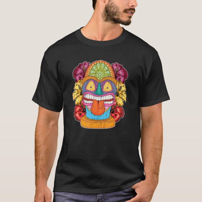 Tropical Flowers Hawaiian Tiki Mask Polynesian Lua T-Shirt (Front)