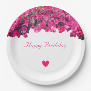 Tropical flowers & heart Birthday Paper Plate