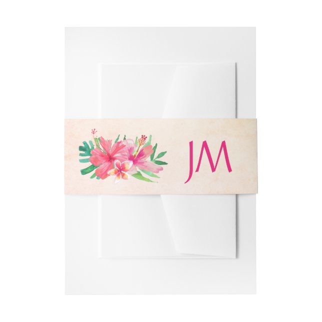 Tropical Flowers Hibiscus Monogram Wedding Invitation Belly Band (Front Example)