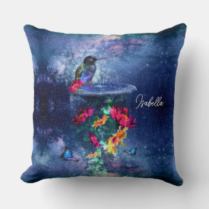 Tropical flowers,hummingbird,butterfly and stars Throw Pillow
