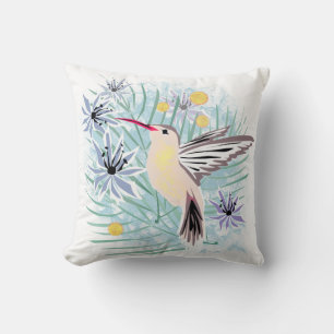 Tropical flowers, hummingbirds. throw pillow