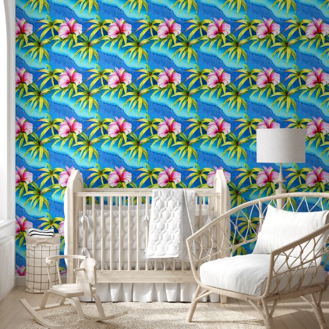 Tropical flowers island leaf turquoise sea coastal wallpaper (Kids)