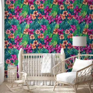 Tropical flowers jungle leaves aloha hawaiian chic wallpaper