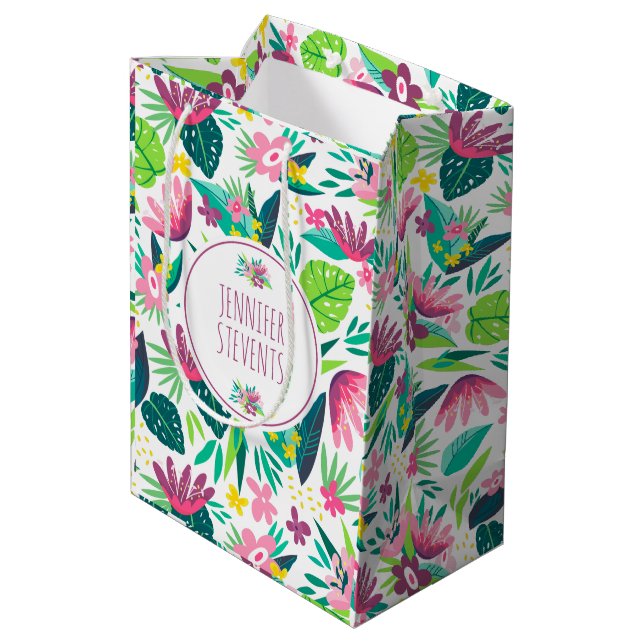 Tropical Flowers & Leafs Colourful Pattern Medium Gift Bag (Back Angled)