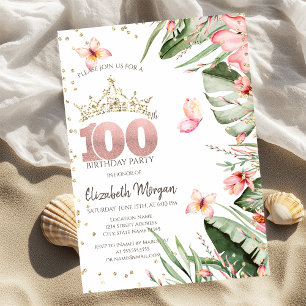 Tropical Flowers Leaves Diamonds 100th Birthday Invitation