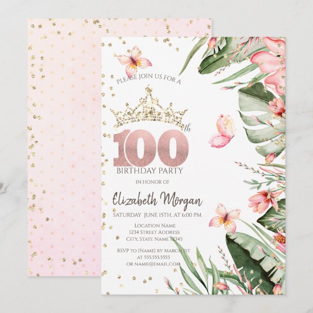 Tropical Flowers Leaves Diamonds 100th Birthday Invitation (Front/Back)