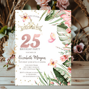 Tropical Flowers Leaves Diamonds 25th Birthday Invitation