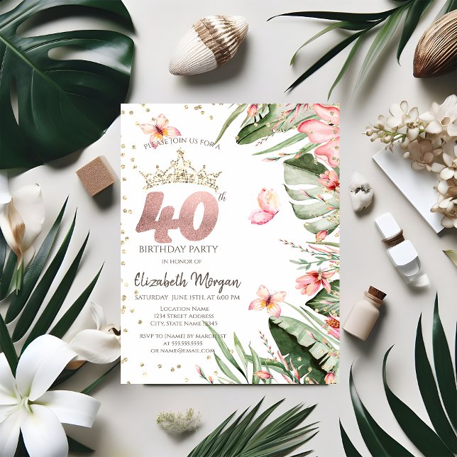 Tropical Flowers Leaves Diamonds 40th Birthday Invitation (Creator Uploaded)