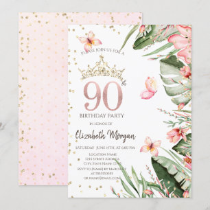 Tropical Flowers Leaves Diamonds 90th Birthday Invitation