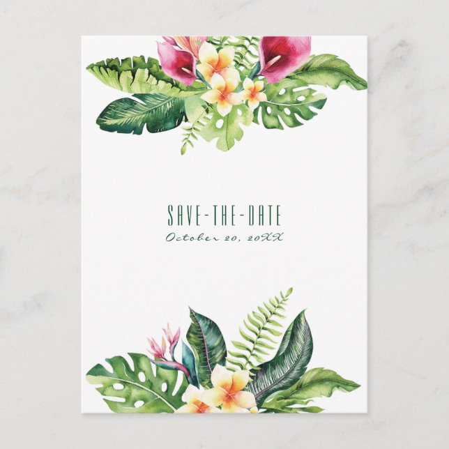 Tropical Flowers Leaves Floral Chic Save the Date Announcement Postcard (Front)