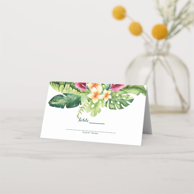 Tropical Flowers Leaves Floral Chic Wedding Place Card (Back)
