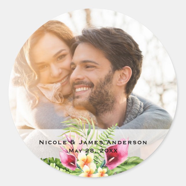 Tropical Flowers & Leaves Floral Photo Weddding Classic Round Sticker (Front)