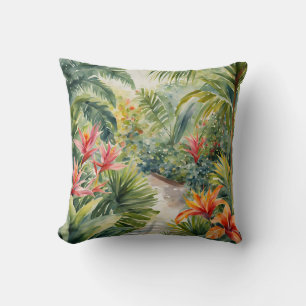 Tropical Flowers Leaves Garden Watercolor Throw Pillow