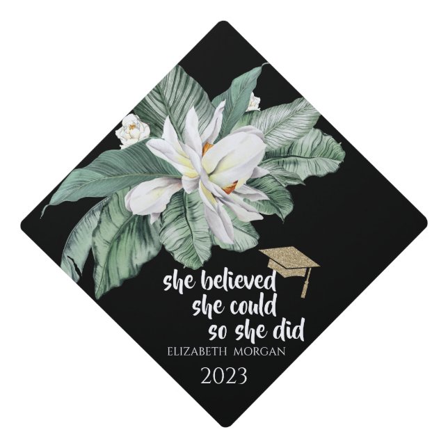 Tropical Flowers Leaves Glitter Graduate Cap (Front)