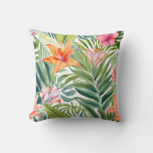 Tropical Flowers Leaves Hawaiian Style Throw Pillow