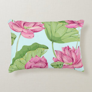 Tropical flowers, leaves, pink lotus, water lily,  accent pillow