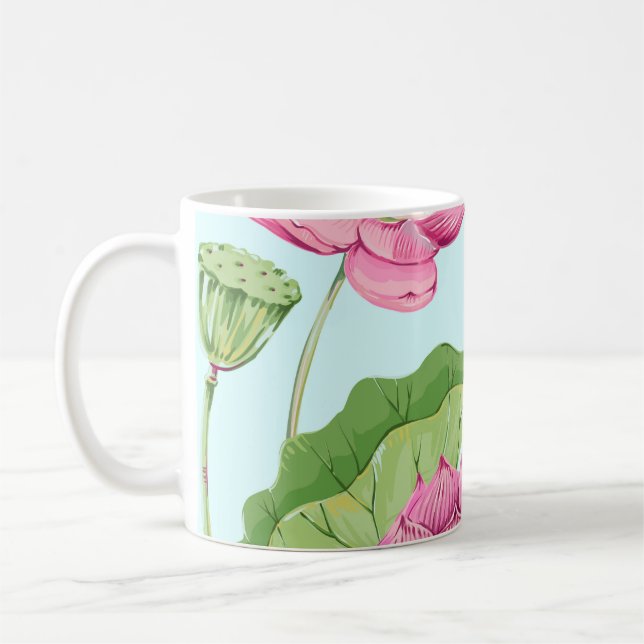 Tropical flowers, leaves, pink lotus, water lily,  coffee mug (Left)