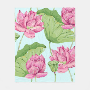 Tropical flowers, leaves, pink lotus, water lily, fleece blanket