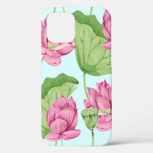 Tropical flowers, leaves, pink lotus, water lily, iPhone 12 case