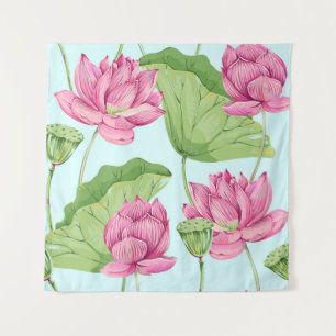 Tropical flowers, leaves, pink lotus, water lily, tapestry