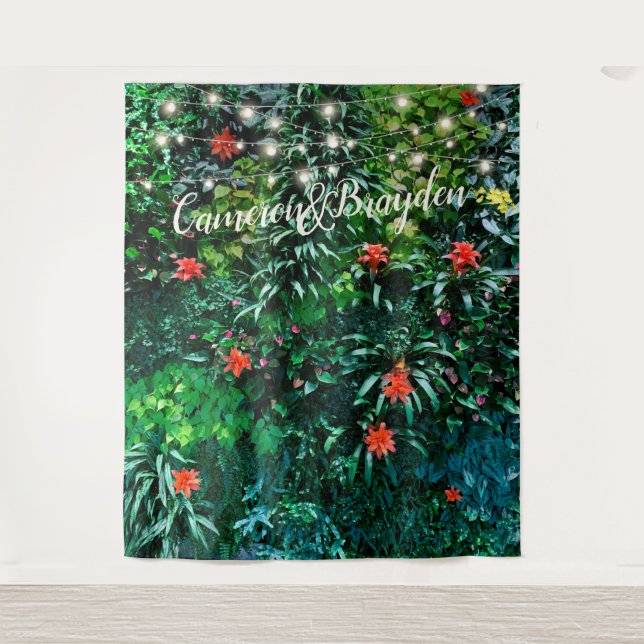 Tropical Flowers Lights Wedding Party Backdrop Tapestry (Front)