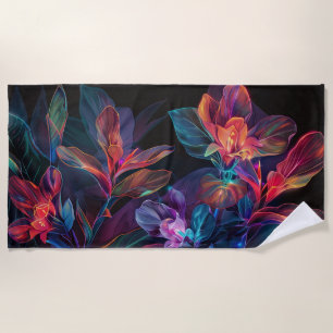Tropical flowers. Neon. Beach Towel