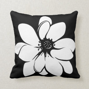 Tropical Flowers on Black and White Throw Pillow