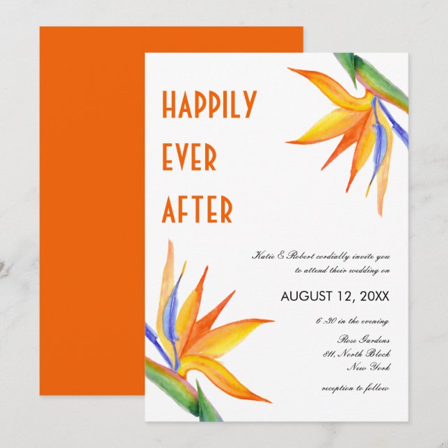 Tropical Flowers Orange Modern Script Wedding Invitation (Front/Back)