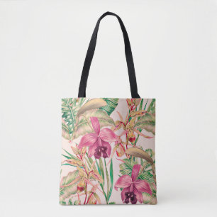 Tropical flowers, orchid flower, jungle leaves, mo tote bag