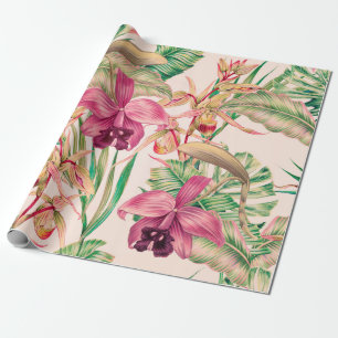 Tropical flowers, orchid flower, jungle leaves, mo wrapping paper