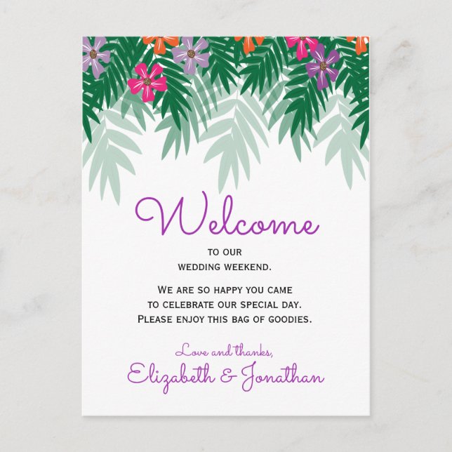 Tropical Flowers & Palm Branch Wedding Welcome Postcard (Front)