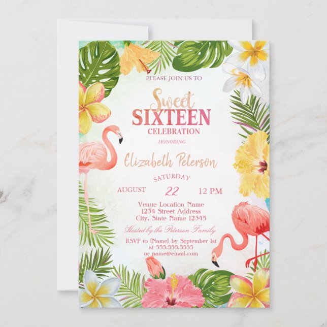 Tropical Flowers Palm Flamingos Sweet 16 Party Invitation (Front)