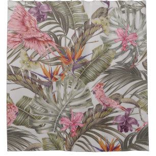 Tropical flowers, palm leaves, bird of paradise